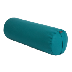 Teal organic buckwheat bolster cushion angled view showing integrated handle