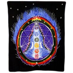 Chakra connections batik wall hanging measuring 106 x 90cm showing the seven chakra symbols on an outline of a human body