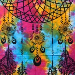 Close up of pattern on dreamcatcher multicolour double bedspread and wall hanging