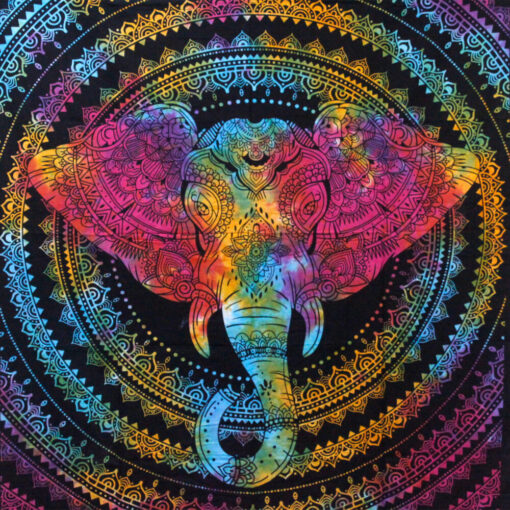 Close Up Of Design On Elephant Head Bedspread and Wall Hanging