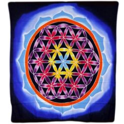 Multicoloured flower of life and love batik wall hanging measuring 107 x 103cm