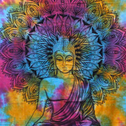 Close up of Design on Peaceful Buddha multicolour bedspread and Wall Hanging