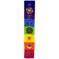 Rainbow batik chakra drop banner with Om symbol measuring 183 x 35cm