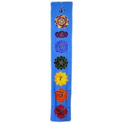 Sky blue batik chakra drop banner featuring Om symbol measuring 183 x 35cm