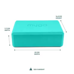 Turquoise Foam Yoga Block showing dimensions of 23cm width, 14.5cm height and 7.7cm depth