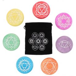 Full set of 7 chakra round meditation stones with chakra symbols and printed black velvet storage pouch