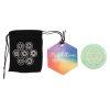 Heart chakra round green meditation stone with chakra symbol and printed black velvet storage pouch
