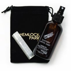 Hemlock park white sage and lavender smudge spray 110ml shown with selenite crystal and black velvet storage pouch