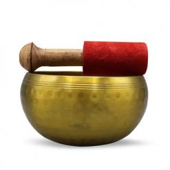 Small 10.5cm hand beaten brass singing bowl set including half suede covered puja stick