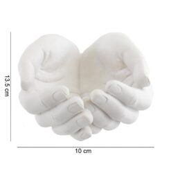 Life size white plaster healing hands ornament showing dimensions of 10 x 13.5cm