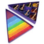 Pyramid shaped 7 chakra singing bowl gift set opened and showing contents and printed chakra information on inside of lid.