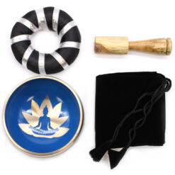 Inside of small 10.7cm brass yoga moves singing bowl showing gold Buddha and lotus flower on a blue background.