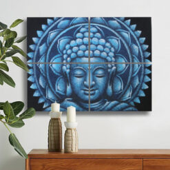 4 piece blue Buddha mandala painting with brocade detail displayed in rectangular group on wall