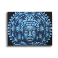 Close up of 4 piece blue Buddha mandala painting with brocade detail displayed in rectangular group