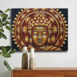 4 piece gold Buddha mandala painting with brocade detail displayed in rectangular group on wall