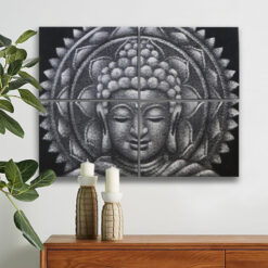 4 piece grey Buddha mandala painting with brocade detail displayed in rectangular group on wall