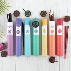 7 Chakras Incense Sticks Sets in chakra coloured tubes with chakra symbol incense holders