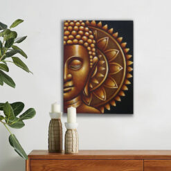 gold half buddha head mandala painting displayed on wall