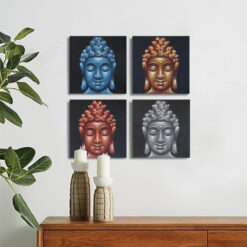 Set of 4 Buddha Head Paintings with sand detail displayed on wall as a square group