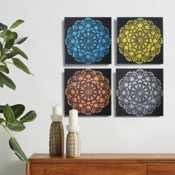 Set of 4 Mandala Paintings with brocade detail displayed on wall in square group